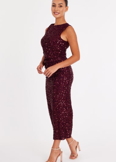 Quiz Burgundy Petite Sequin Ruched Midaxi Dress