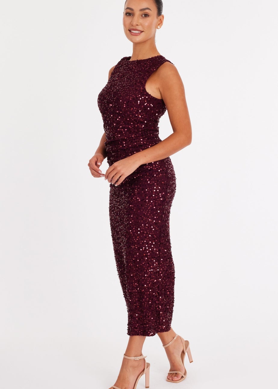 Quiz Burgundy Petite Sequin Ruched Midaxi Dress