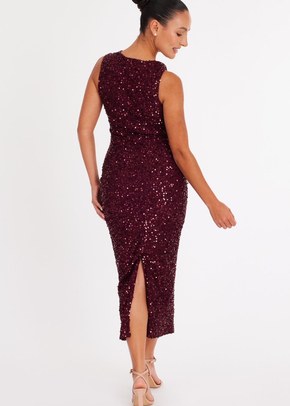 Quiz Burgundy Petite Sequin Ruched Midaxi Dress