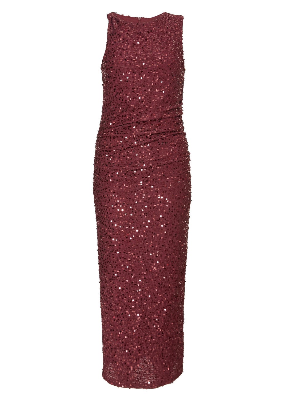 Quiz Burgundy Petite Sequin Ruched Midaxi Dress