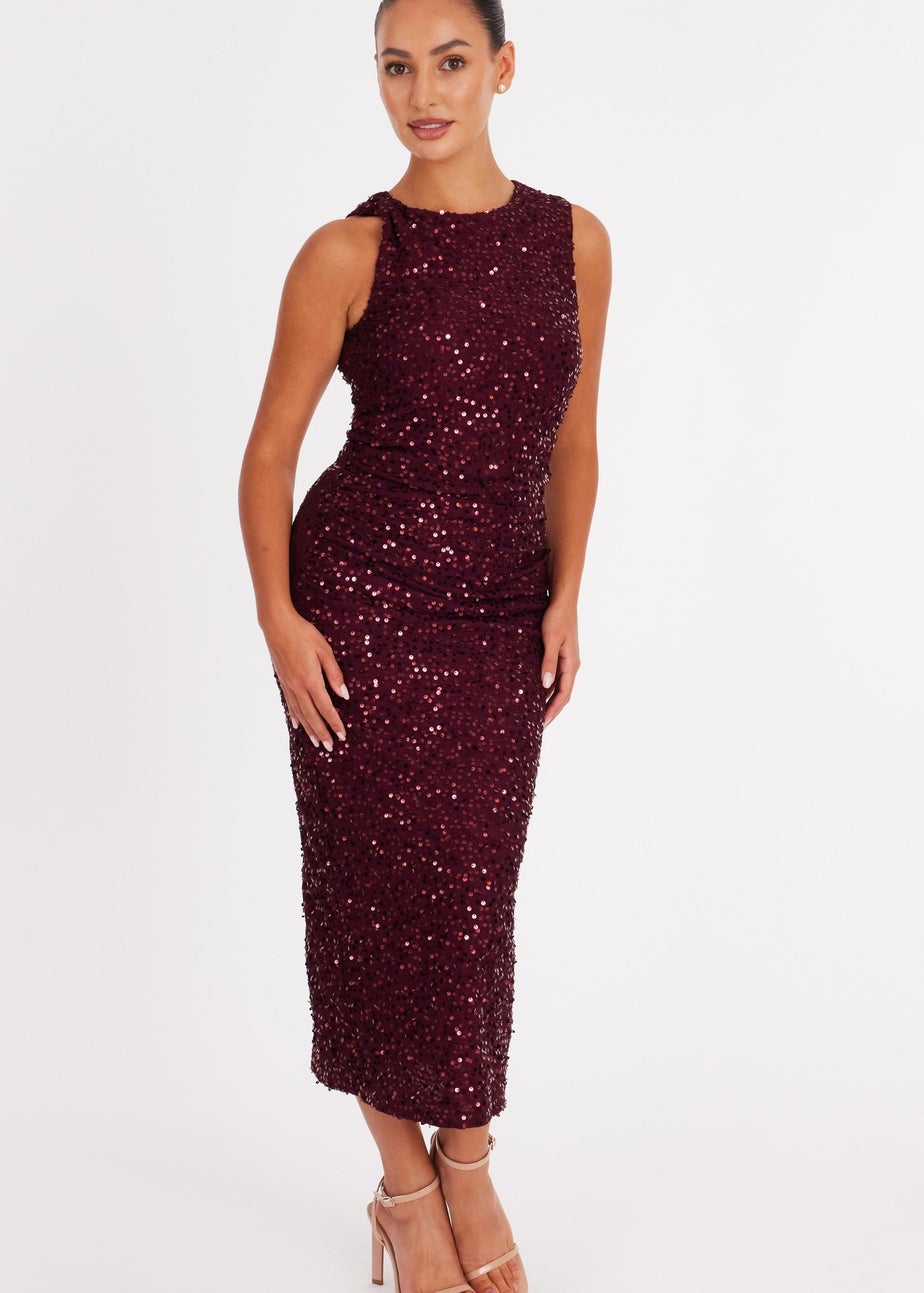 Quiz Burgundy Petite Sequin Ruched Midaxi Dress