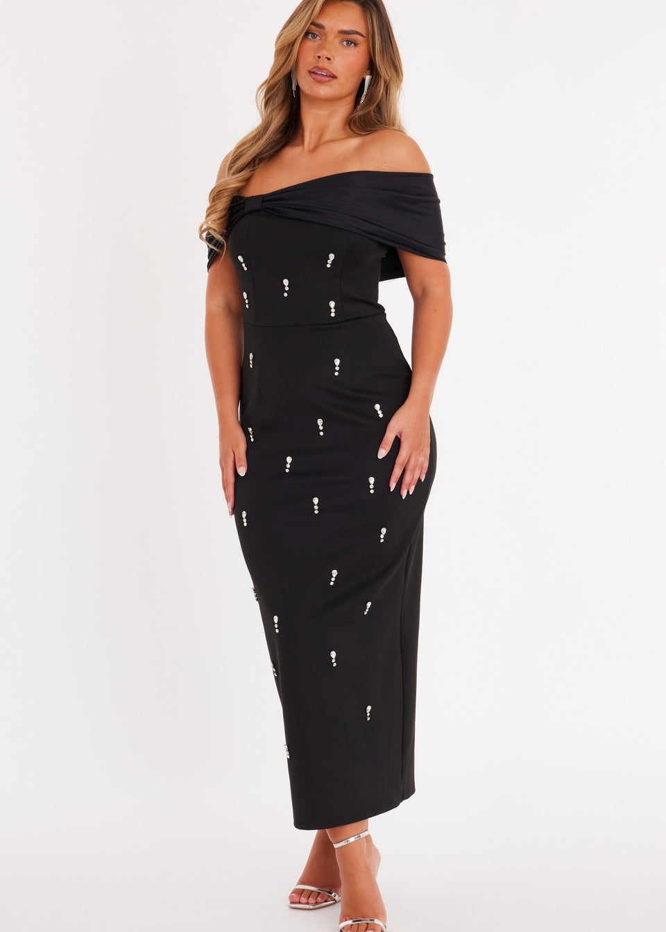 Quiz Black Embellished Bardot Midaxi Dress