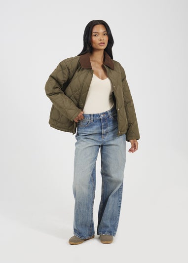 Brave Soul Khaki Onion Quilted Jacket With Corduroy Collar