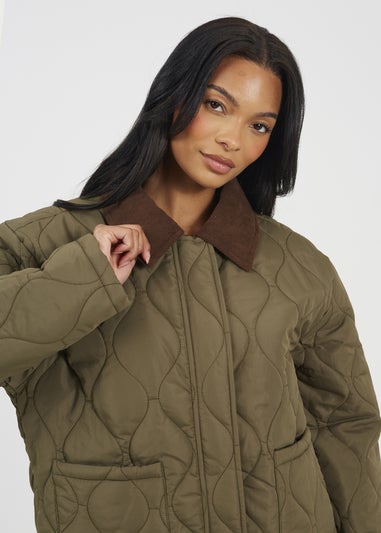 Brave Soul Khaki Onion Quilted Jacket With Corduroy Collar