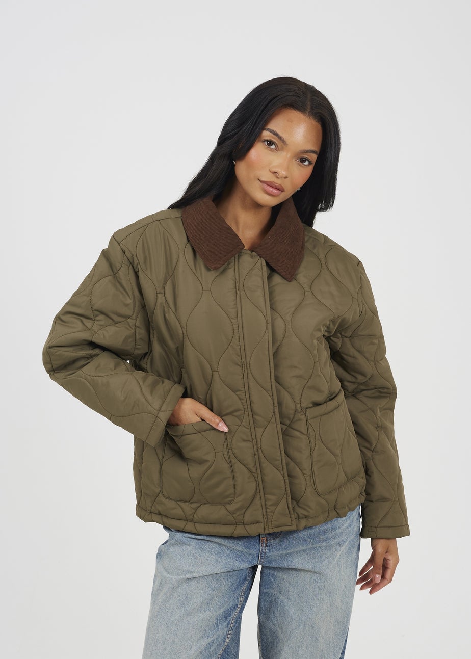 Brave Soul Khaki Onion Quilted Jacket With Corduroy Collar