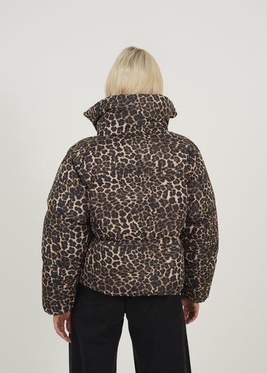 Brave Soul Brown Leopard Print Short Puffer Jacket With Oversized Collar