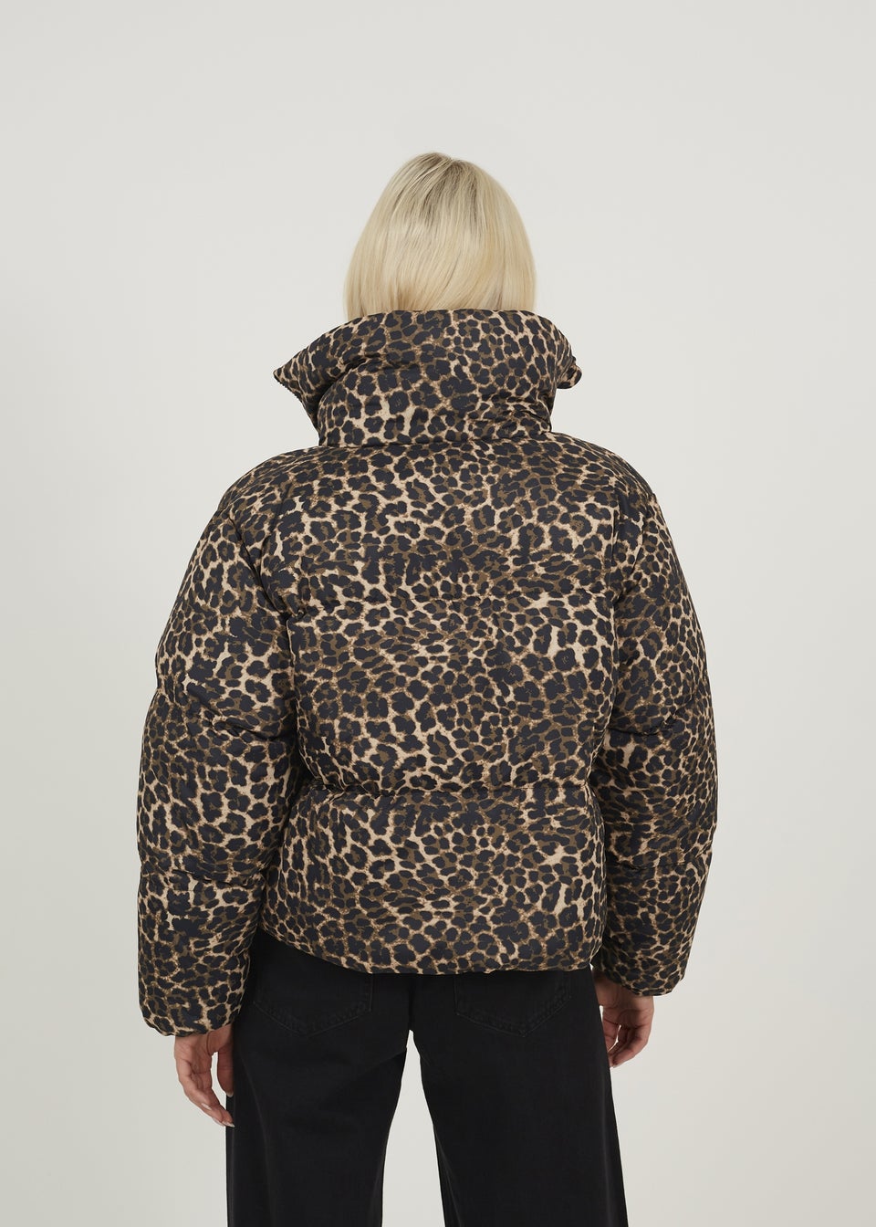 Brave Soul Brown Leopard Print Short Puffer Jacket With Oversized Collar