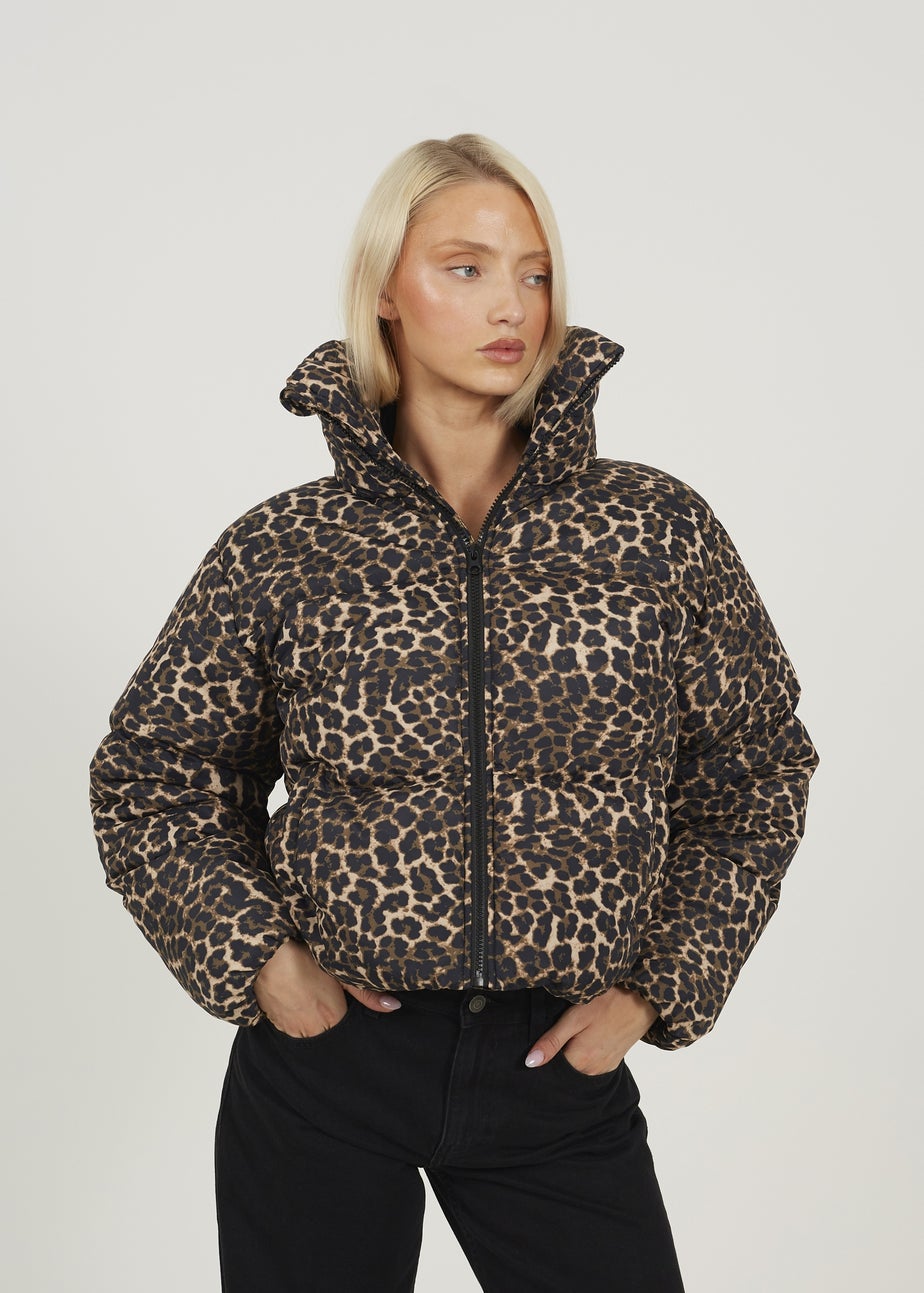 Brave Soul Brown Leopard Print Short Puffer Jacket With Oversized Collar