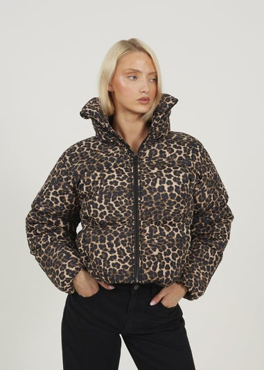 Brave Soul Brown Leopard Print Short Puffer Jacket With Oversized Collar