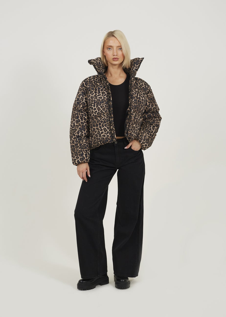 Brave Soul Brown Leopard Print Short Puffer Jacket With Oversized Collar