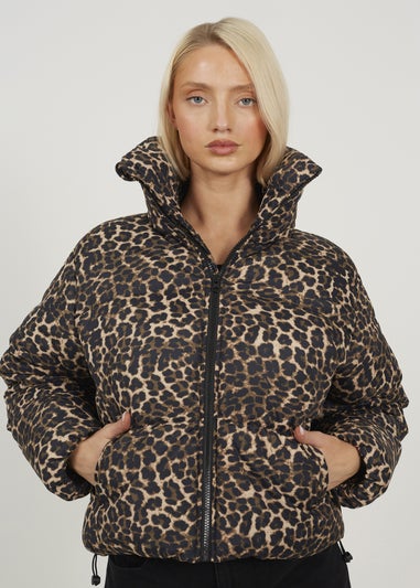 Brave Soul Brown Leopard Print Short Puffer Jacket With Oversized Collar