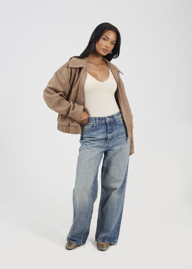 Brave Soul Taupe Faux Suede Bomber Jacket