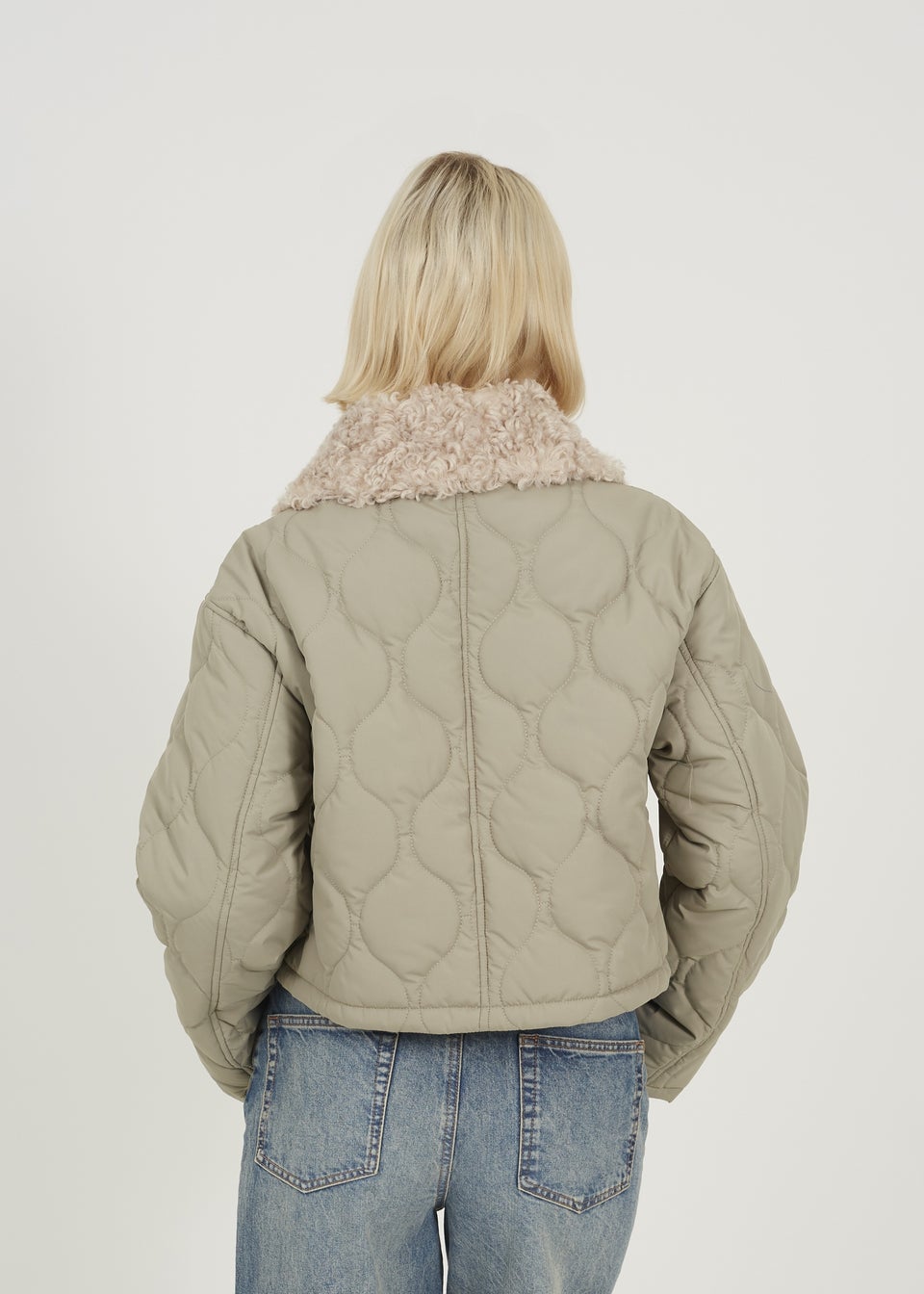 Brave Soul Soft Green Onion Qulited Jacket With Faux Fur Collar