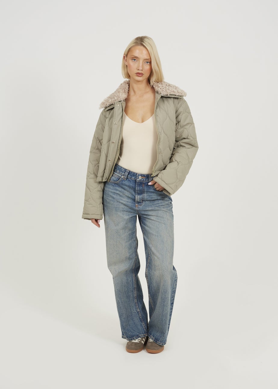 Brave Soul Soft Green Onion Qulited Jacket With Faux Fur Collar