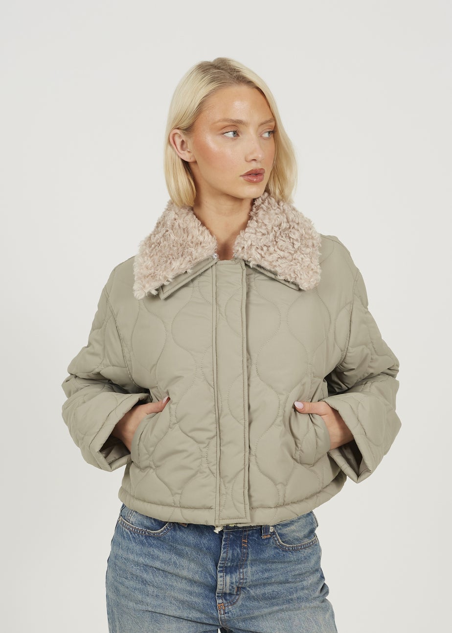 Brave Soul Soft Green Onion Qulited Jacket With Faux Fur Collar
