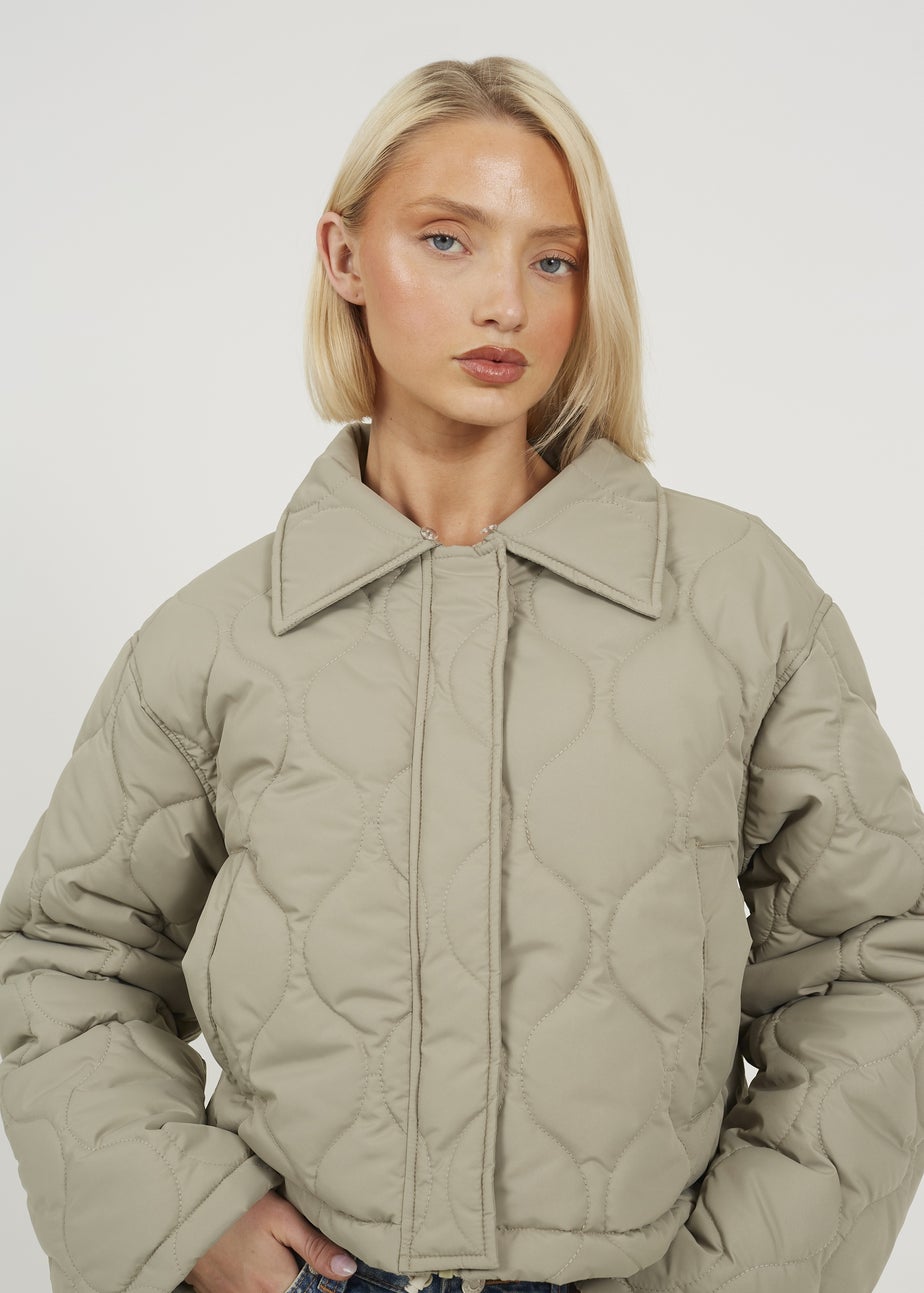 Brave Soul Soft Green Onion Qulited Jacket With Faux Fur Collar