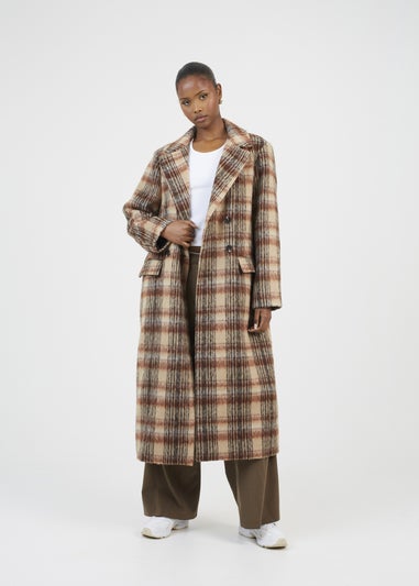 Brave Soul Brown Double Breasted Faux Wool Maxi Check Coat