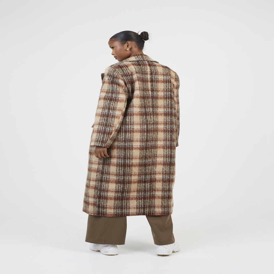 Brave Soul Brown Double Breasted Faux Wool Maxi Check Coat