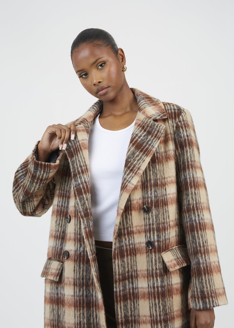 Brave Soul Brown Double Breasted Faux Wool Maxi Check Coat