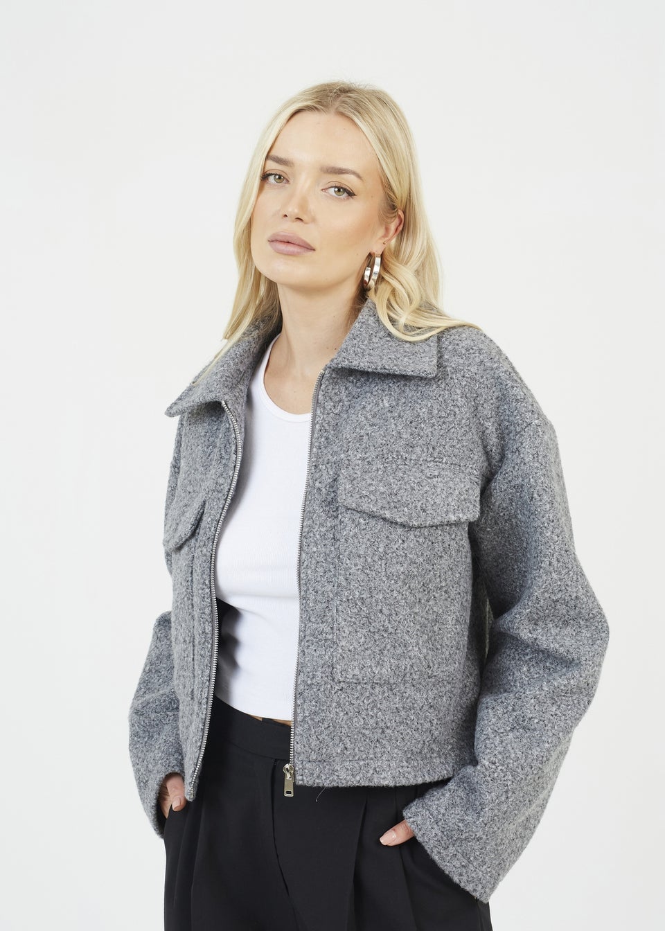 Brave Soul Grey Boucle Faux Wool Jacket