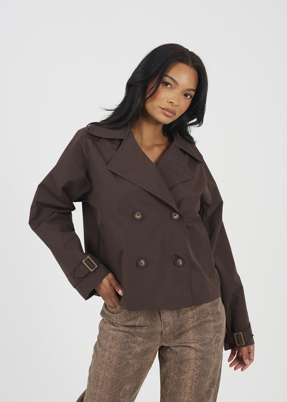 Brave Soul Chocolate Double Breasted Short Trench Coat