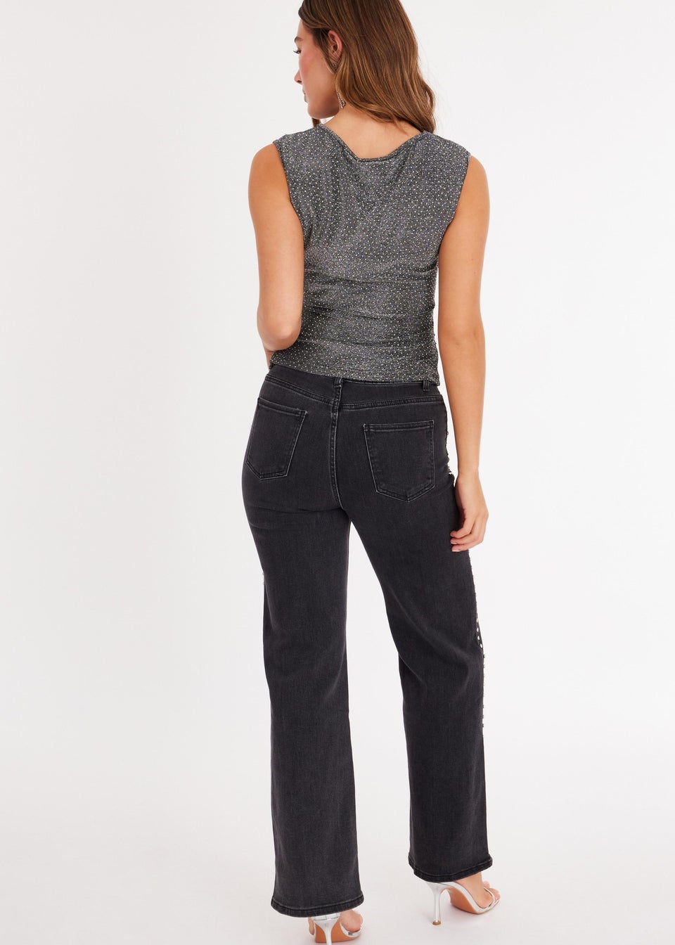 Quiz Grey Diamante Embellished Top