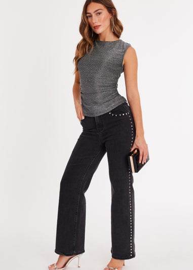 Quiz Grey Diamante Embellished Top
