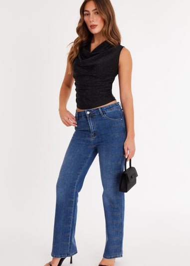 Quiz Black Diamante Cowl Neck Top