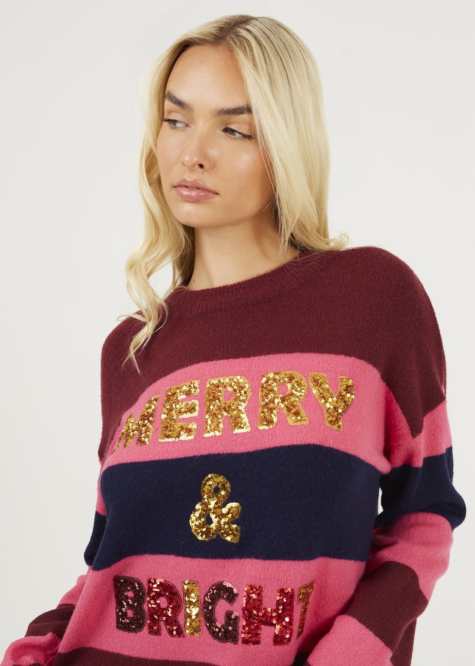Brave Soul Burgundy Sequin Slogan Christmas Jumper