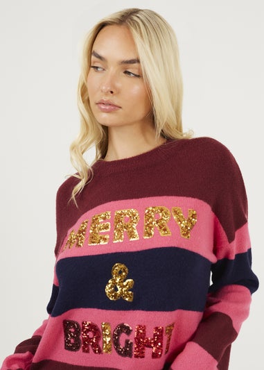 Brave Soul Burgundy Sequin Slogan Christmas Jumper