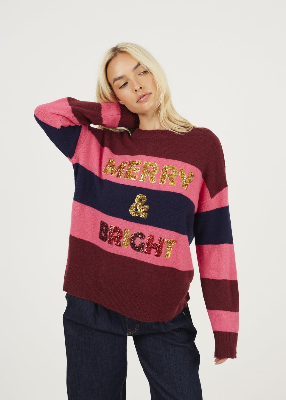 Brave Soul Burgundy Sequin Slogan Christmas Jumper