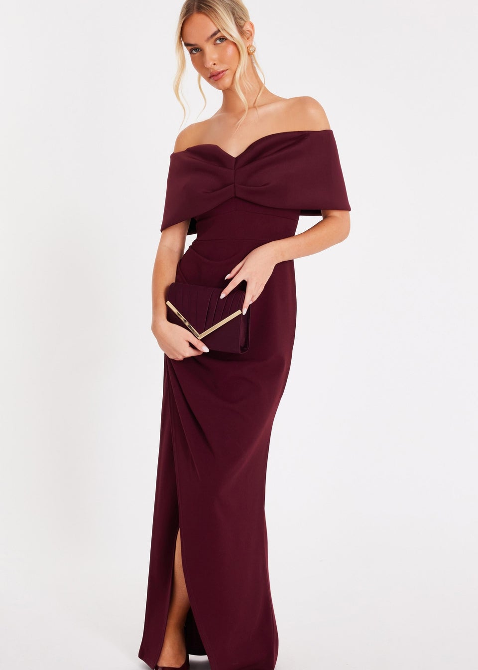 Quiz Burgundy Bardot Wrap Maxi Dress