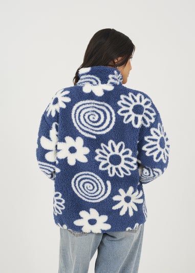 Brave Soul Blue Quarter Zip Flower Print Sherpa Fleece