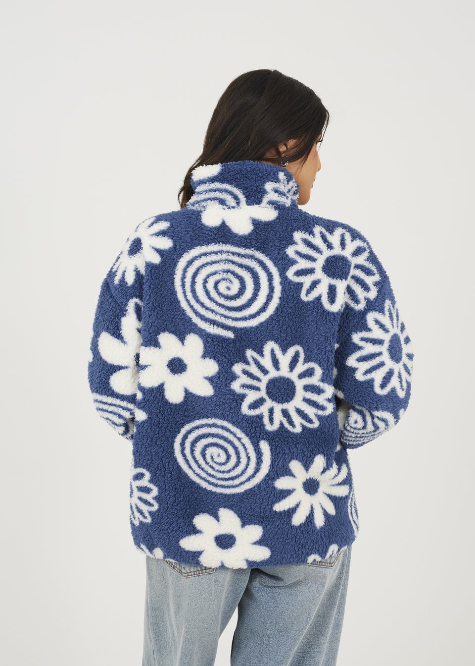 Brave Soul Blue Quarter Zip Flower Print Sherpa Fleece