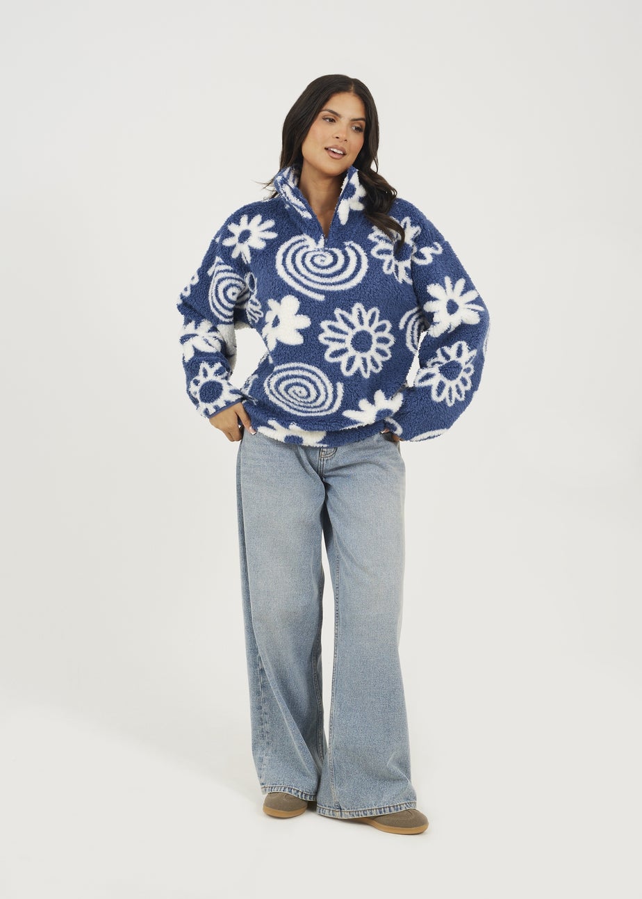 Brave Soul Blue Quarter Zip Flower Print Sherpa Fleece