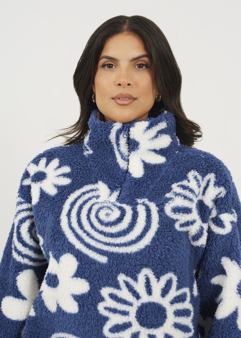 Brave Soul Blue Quarter Zip Flower Print Sherpa Fleece