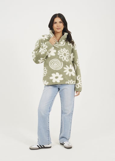 Brave Soul Soft Green Quarter Zip Flower Print Sherpa Fleece