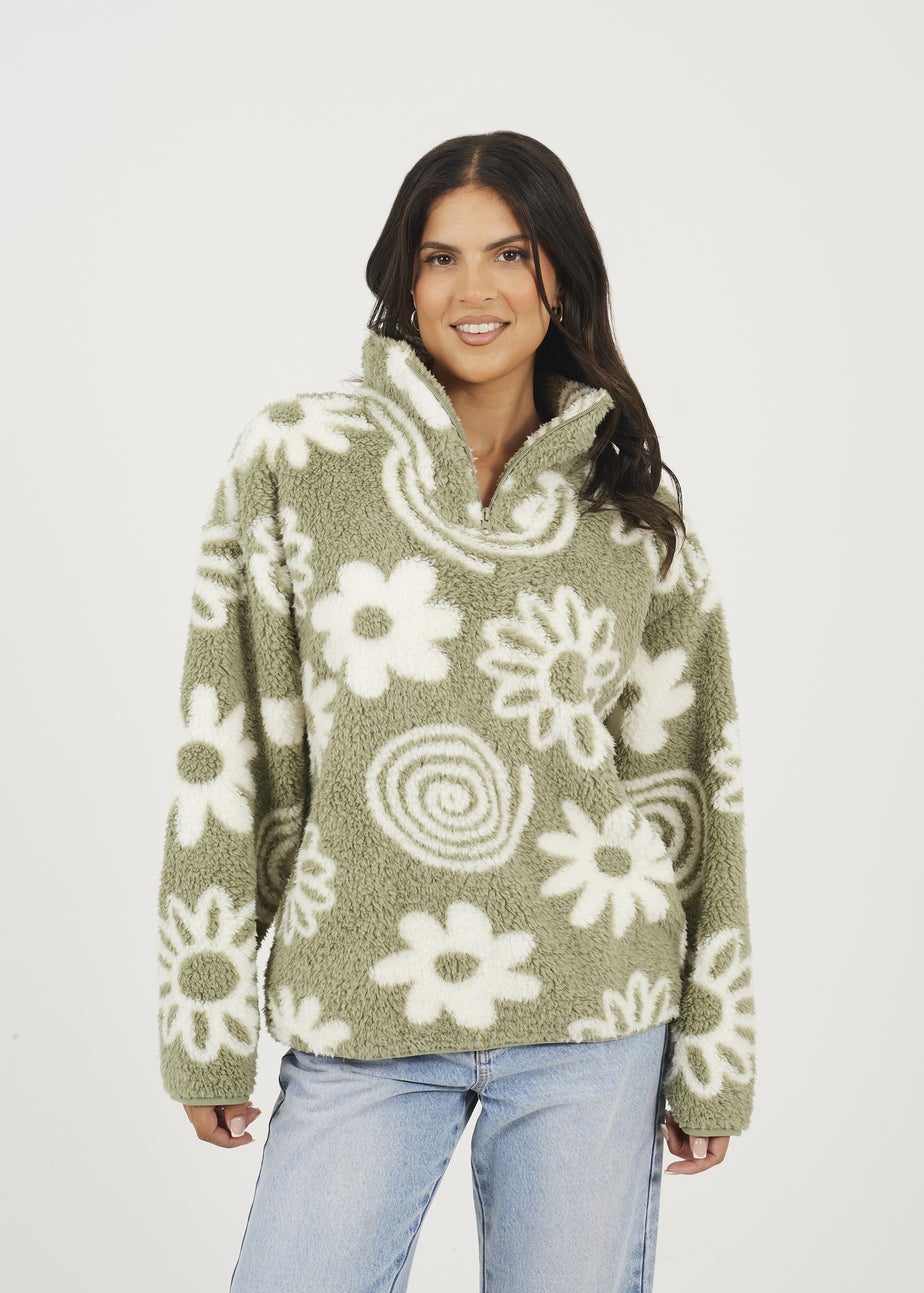 Brave Soul Soft Green Quarter Zip Flower Print Sherpa Fleece