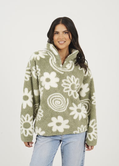 Brave Soul Soft Green Quarter Zip Flower Print Sherpa Fleece