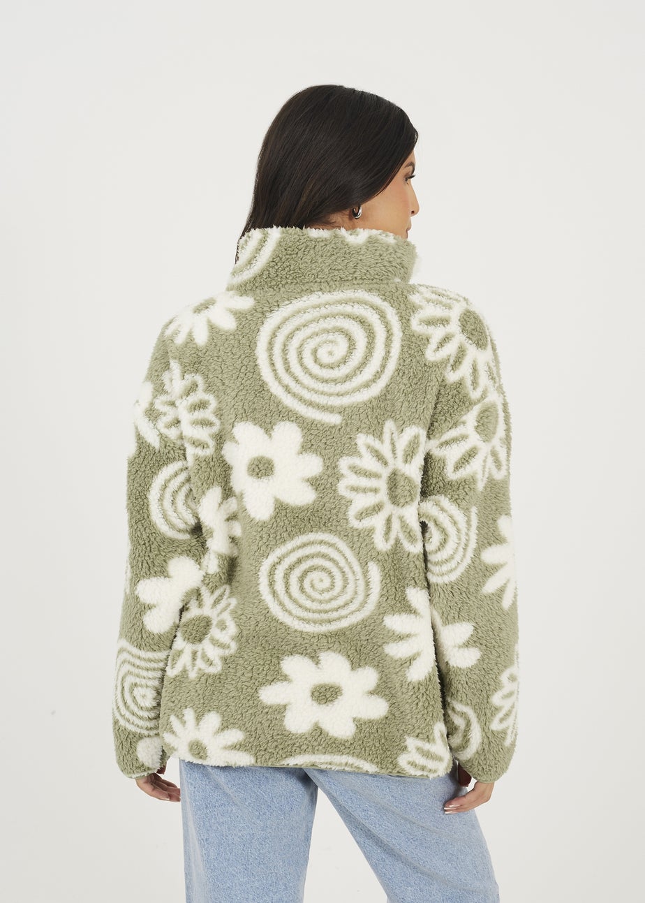 Brave Soul Soft Green Quarter Zip Flower Print Sherpa Fleece