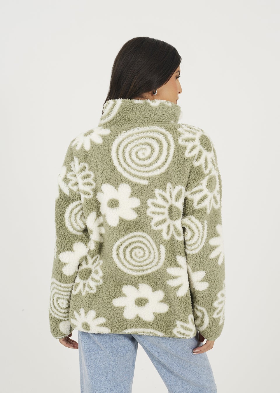 Brave Soul Soft Green Quarter Zip Flower Print Sherpa Fleece