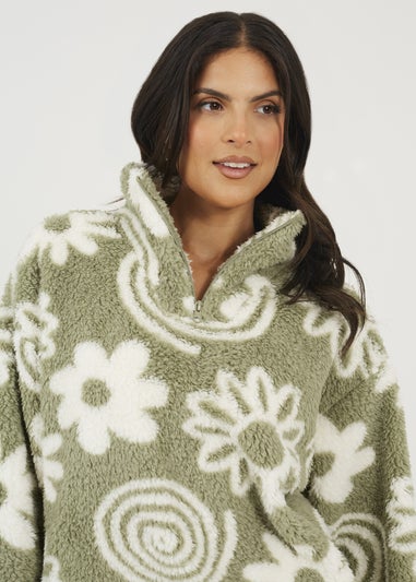 Brave Soul Soft Green Quarter Zip Flower Print Sherpa Fleece