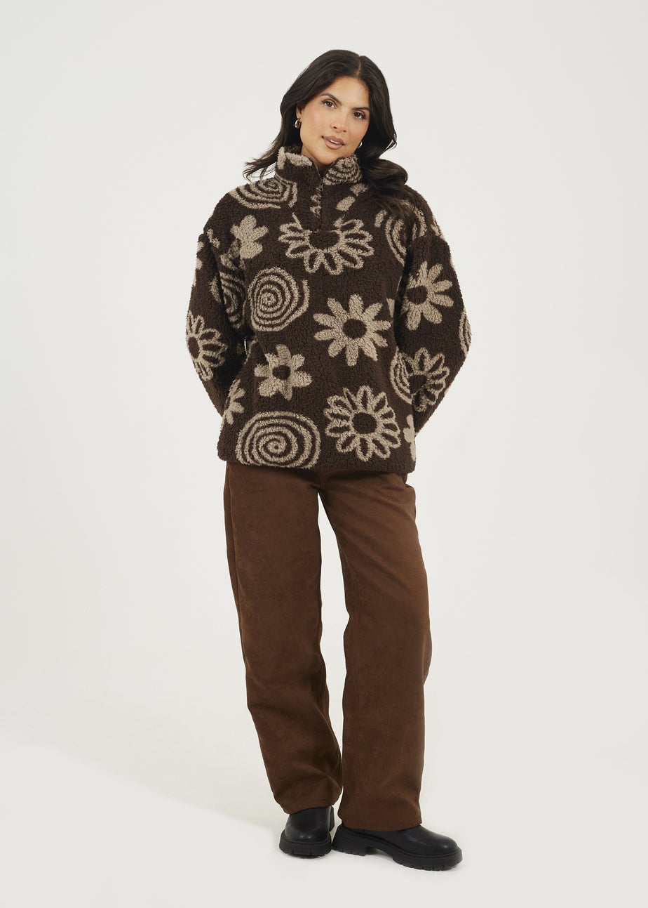 Brave Soul Chocolate Quarter Zip Flower Print Sherpa Fleece