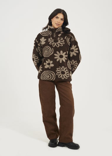Brave Soul Chocolate Quarter Zip Flower Print Sherpa Fleece