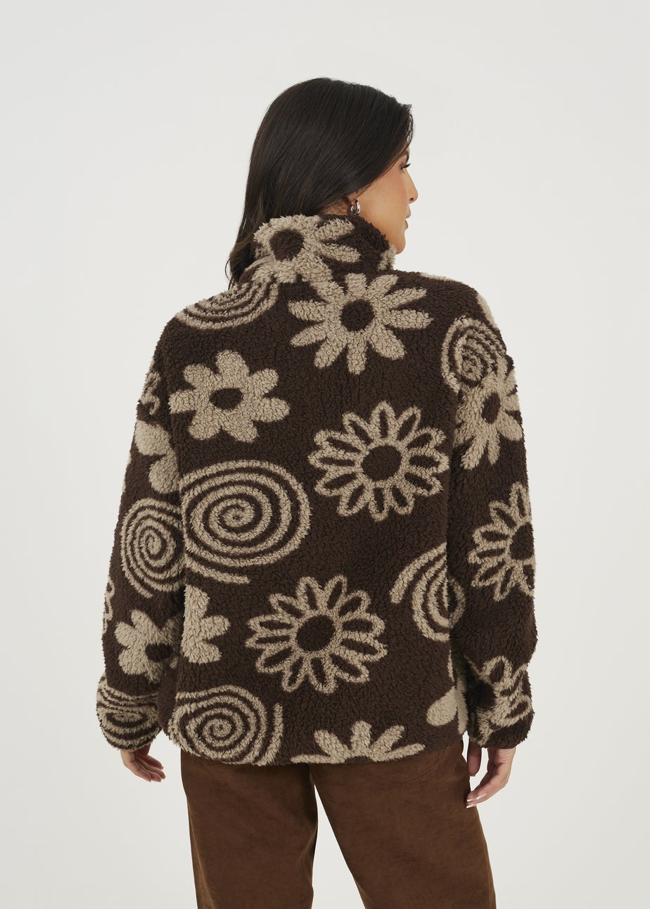 Brave Soul Chocolate Quarter Zip Flower Print Sherpa Fleece