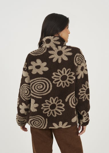 Brave Soul Chocolate Quarter Zip Flower Print Sherpa Fleece