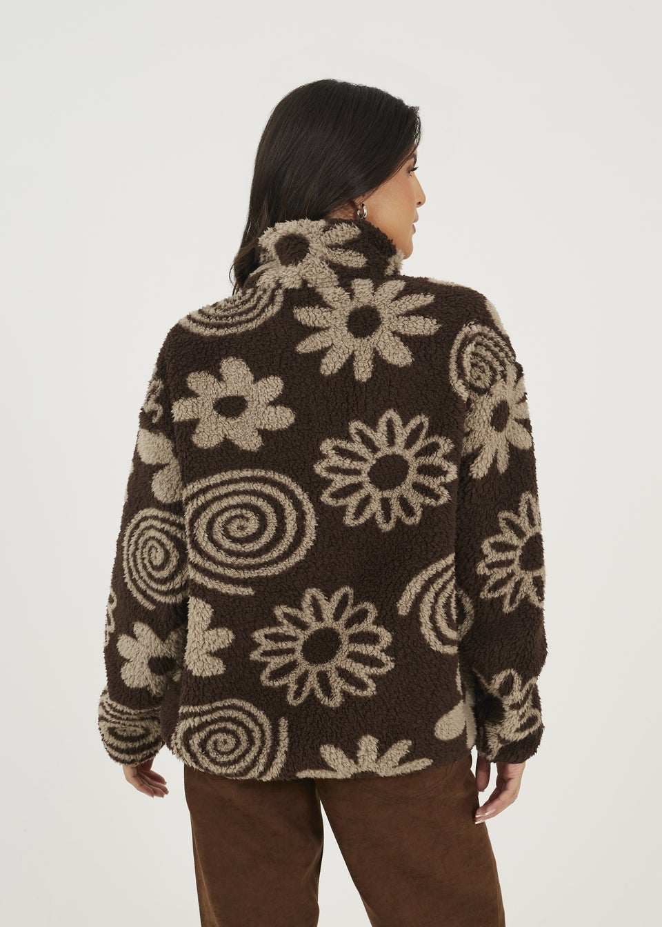 Brave Soul Chocolate Quarter Zip Flower Print Sherpa Fleece