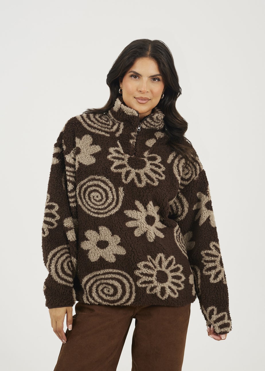Brave Soul Chocolate Quarter Zip Flower Print Sherpa Fleece
