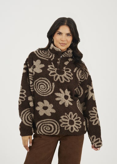 Brave Soul Chocolate Quarter Zip Flower Print Sherpa Fleece