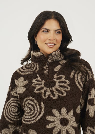 Brave Soul Chocolate Quarter Zip Flower Print Sherpa Fleece